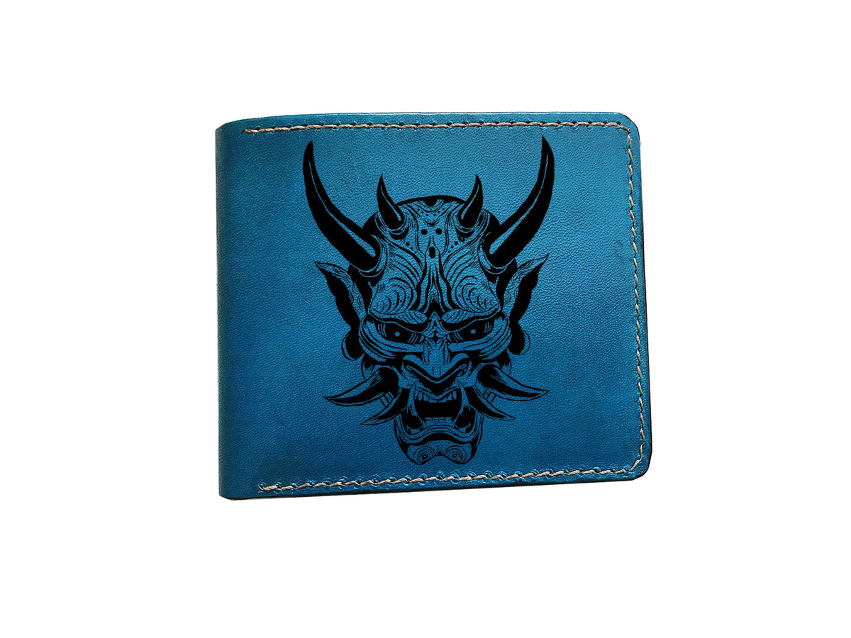 Personalized Japan ancient pattern leather men's wallet, Oni hannya demon evil mask art, horror wallet for men, halloween gift idea for him