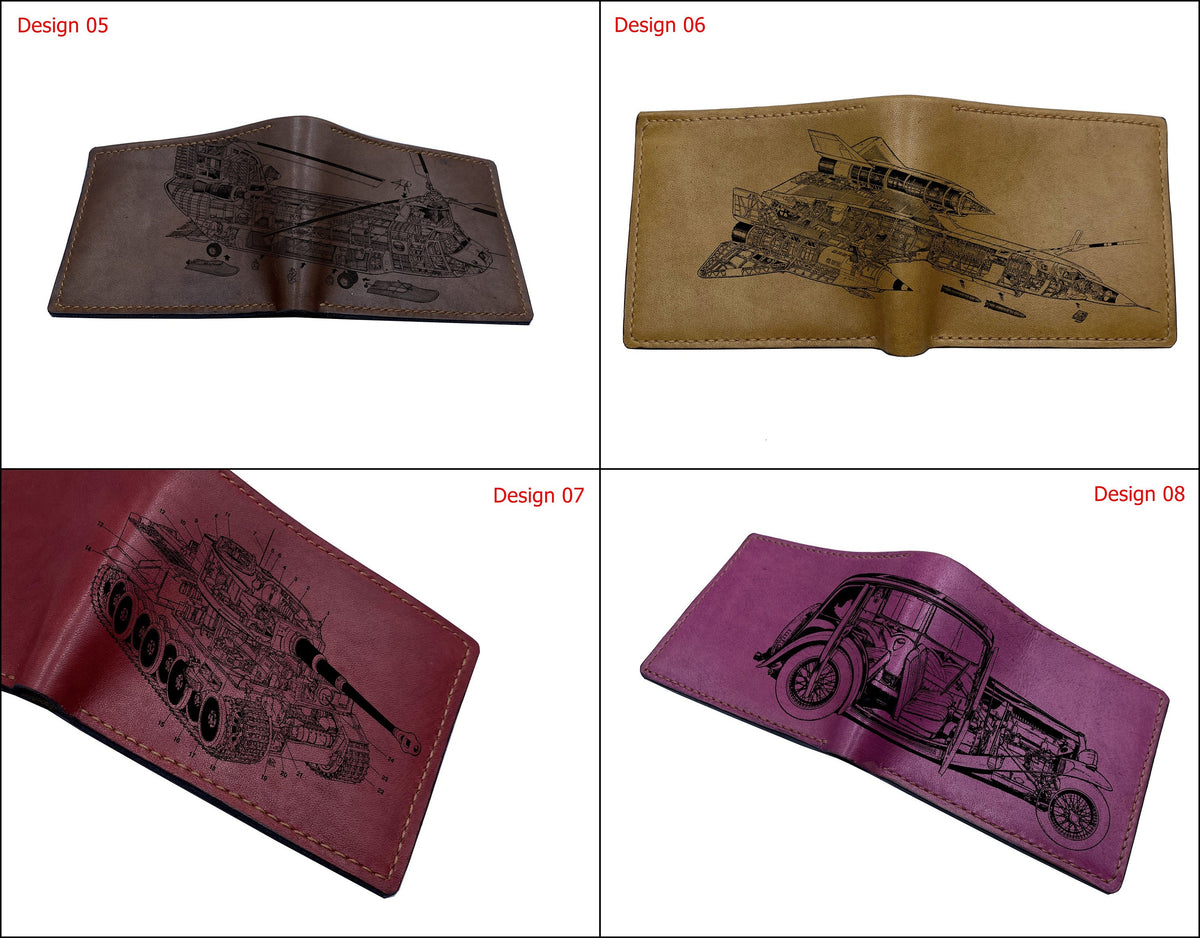 Personalized leather handmade wallet, mechanical drawing airplane wallet, cutaway machine art wallet, cool wallet for dad, husband, brother