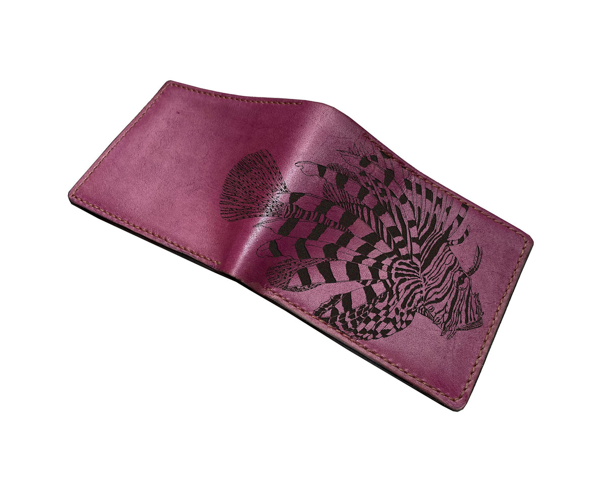 Customized leather men's wallet, bifold ID card wallet, Lionfish art wallet, animal pattern present for men, ocean fish men gift