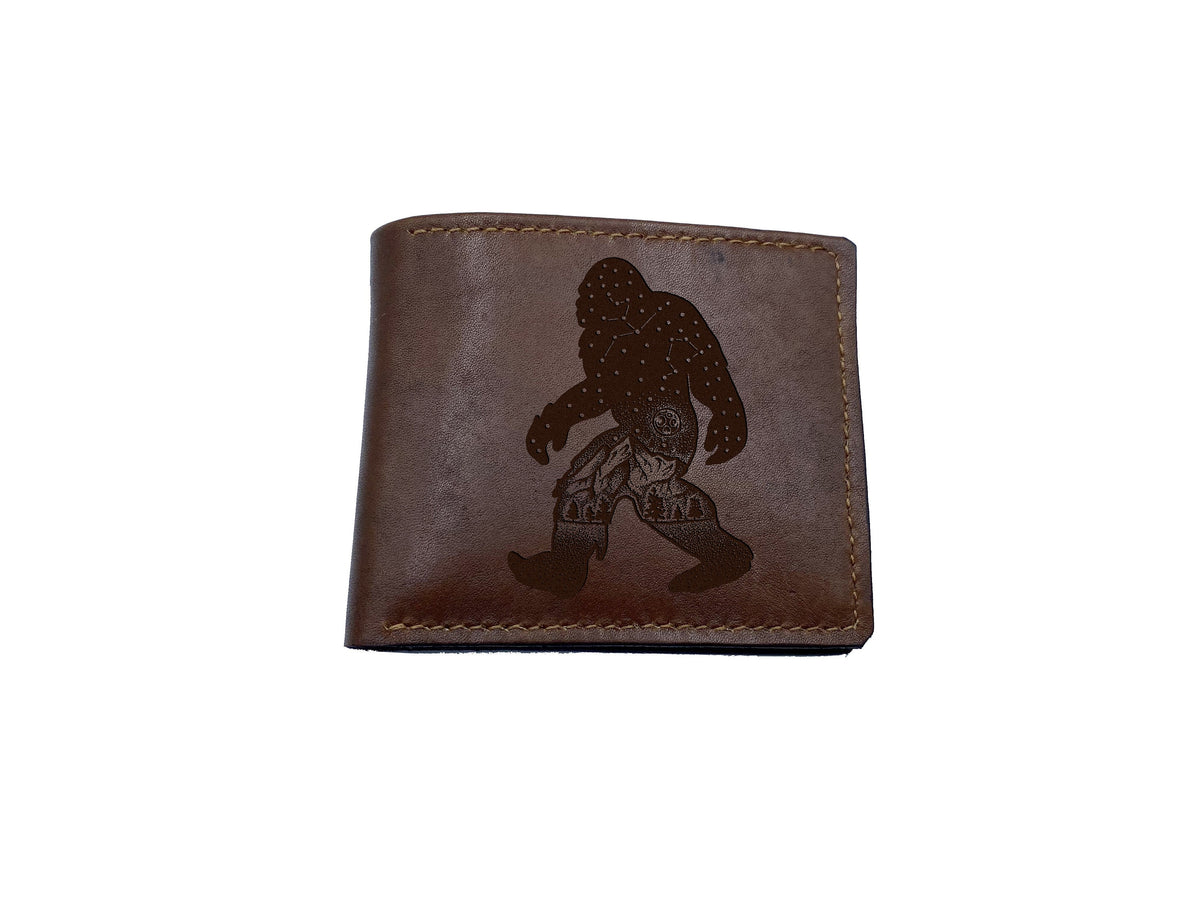 Bigfoot leather men's wallet, Sasquatch art leather gift for him, forest mythical creature wallet, custom cute monster gift for him