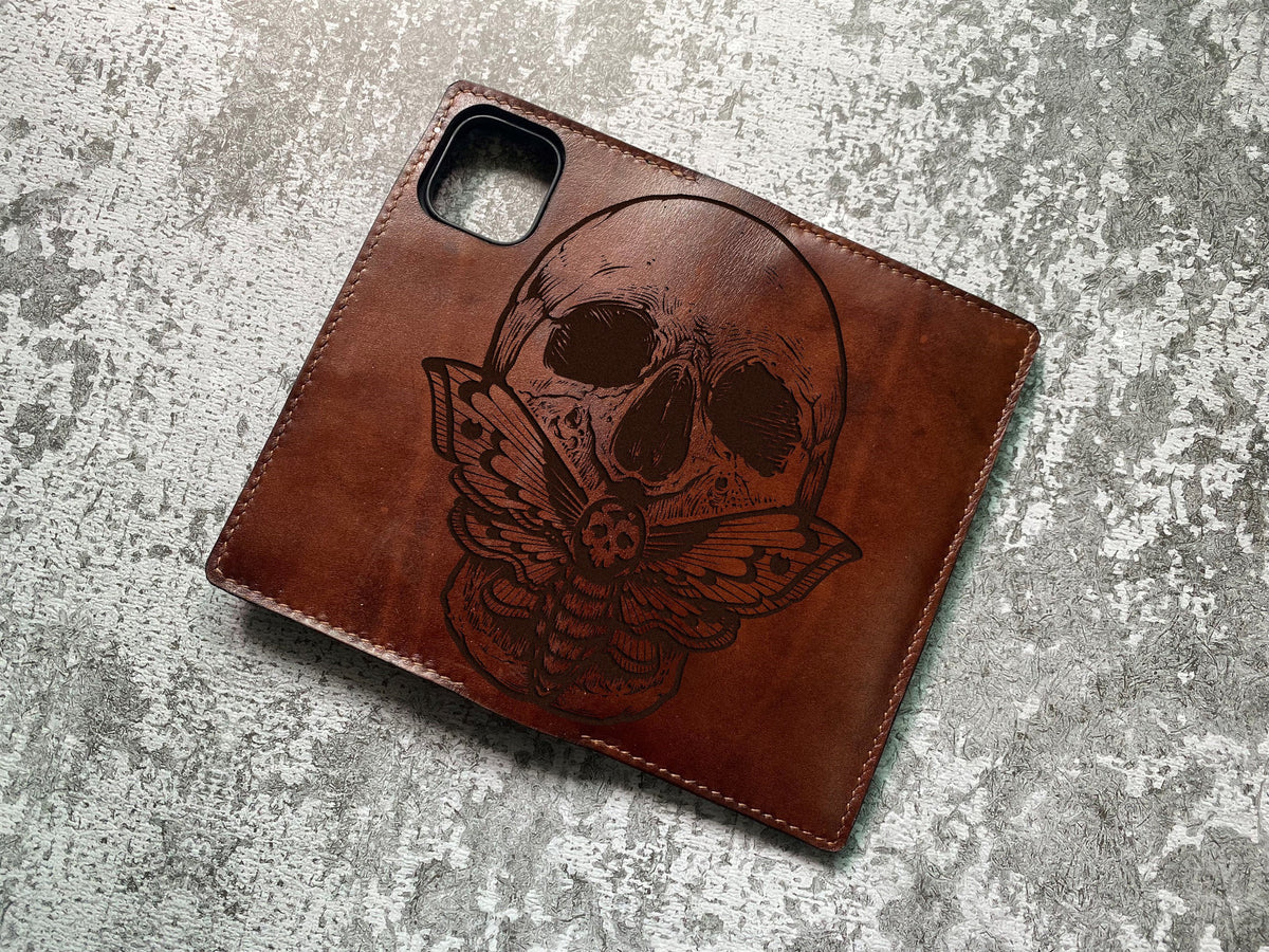 Skull butterfly engrave leather mobile phone wallet, mobile phone leather case, customized iphone wallet, samsung leather bifold wallet