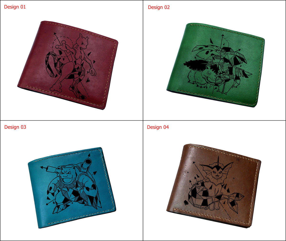 Mayan Corner - Pokemon geometric art leather handmade wallet, leather gift for dad, husband, brother - Mewtwo