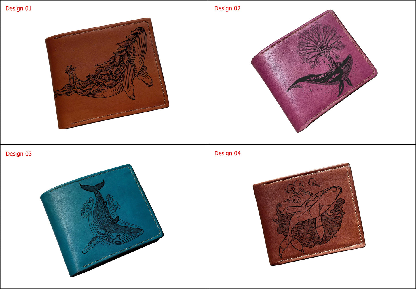 Mayan Corner - Purple leather wallet, whale drawing art wallet, ocean pattern gift, bifold long wallet, animal pattern wallet